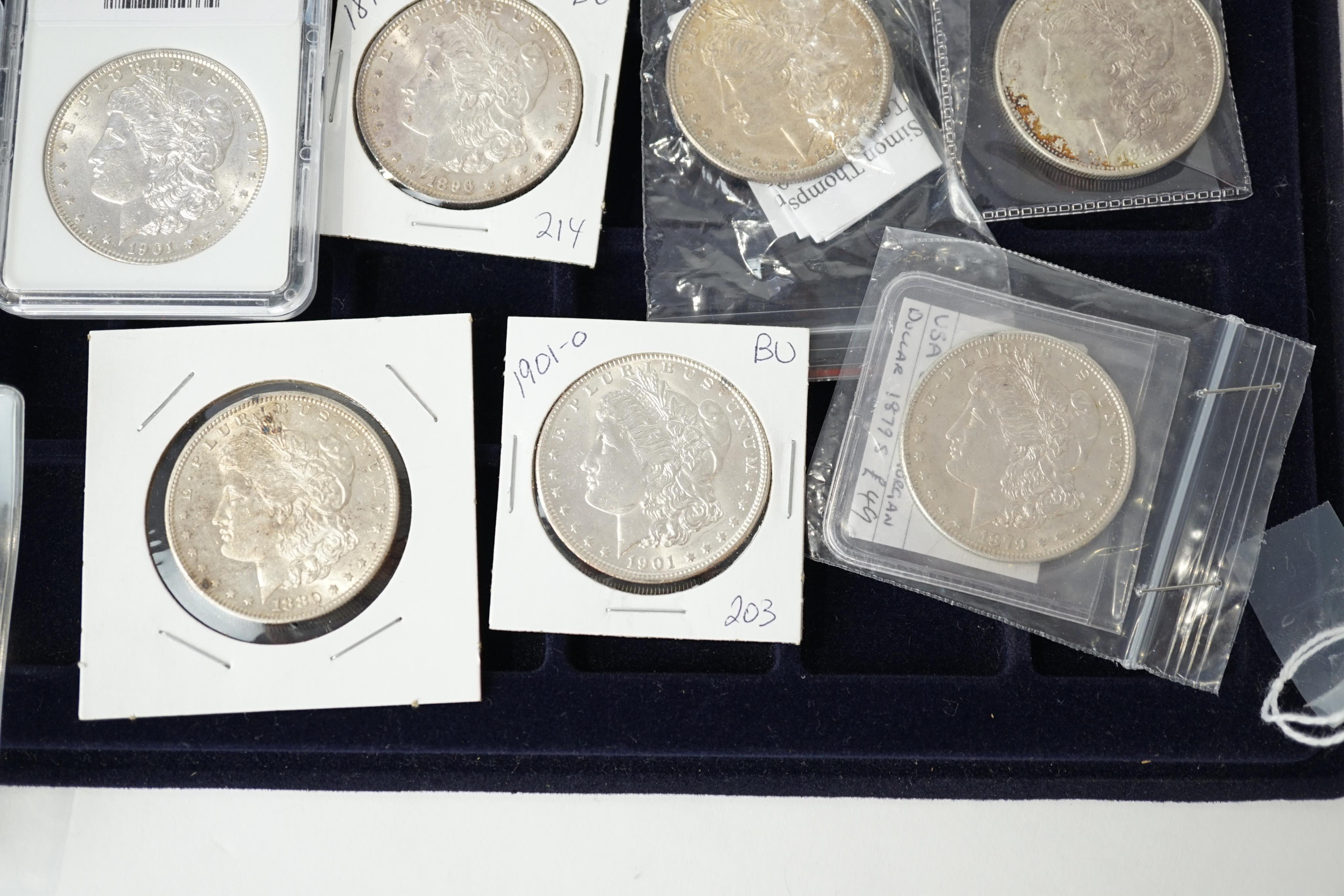 USA silver coins, 15 Morgan dollars; 1879, 1880, 1881, 1883, 1893, 1896, 1897, 1898 x 2, 1900, 1901 x 2, 1921 x 3, good VF to UNC